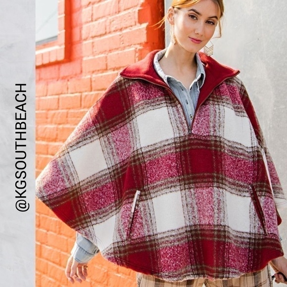 Easel Ultra Lux Cozy Red Plaid Wool Blend Poncho Cape Zippered Neck NWT - Picture 10 of 15